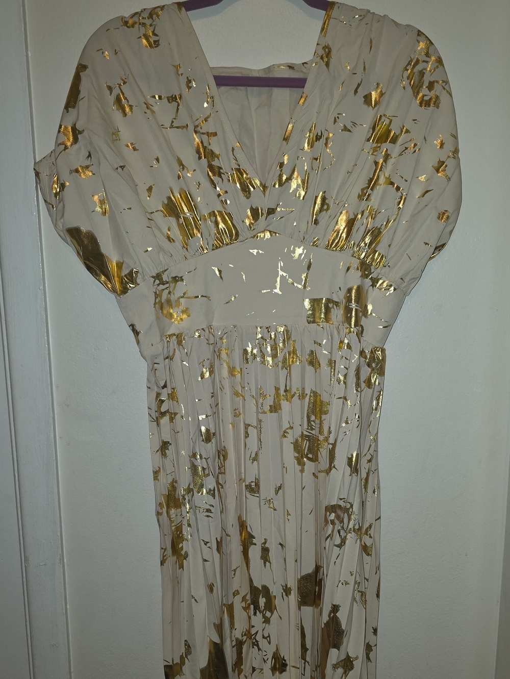 Ivory and Gold Foil V-Neck Women's Dress